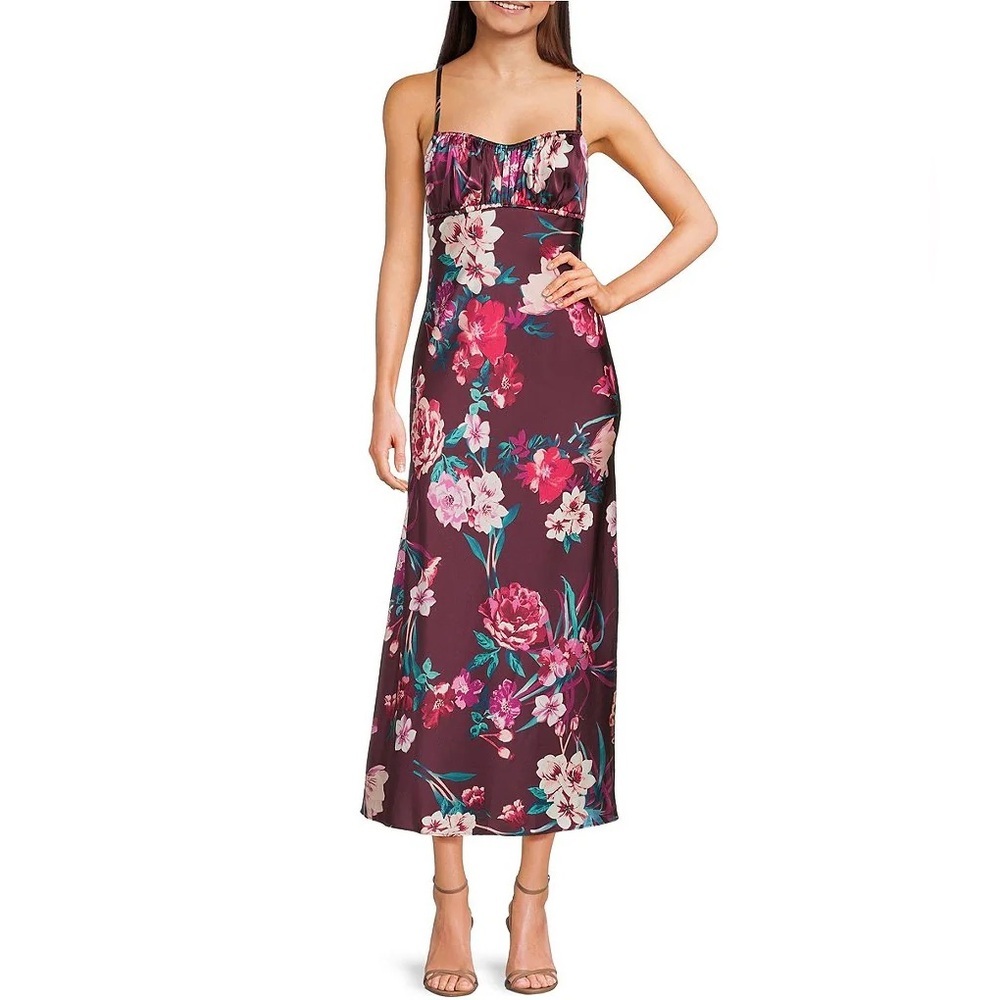 B. Darlin Spaghetti Strap Emma Floral Printed Bodice Midi Dress